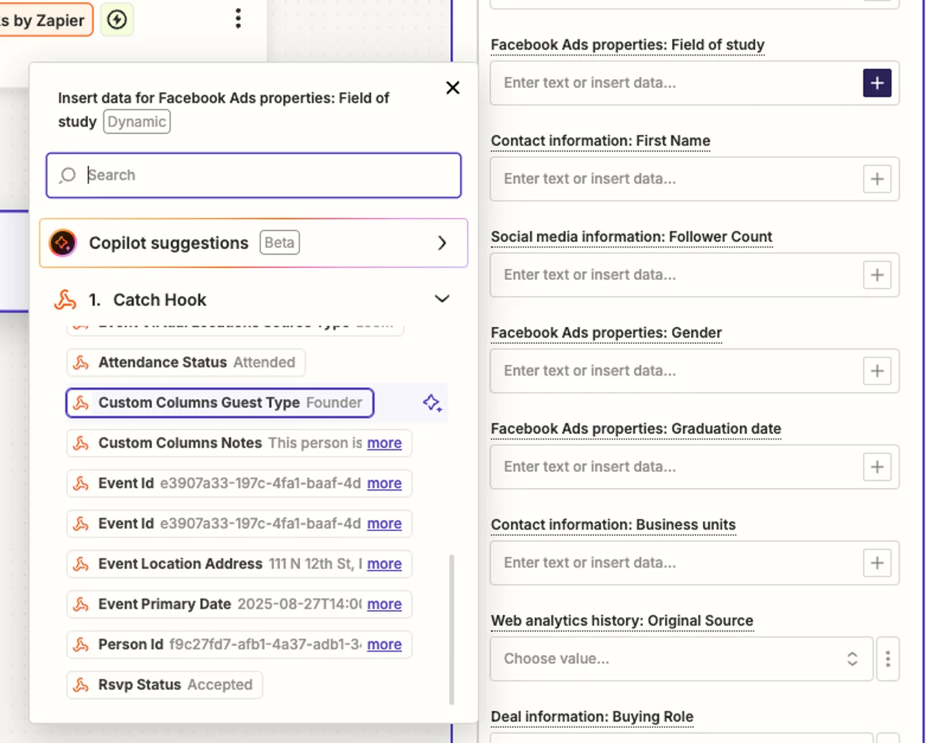 Screenshot showing field mapping between Gatsby and HubSpot